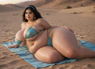 Voluptuous morbidly obese Disney princess Jasmine, plump fat face, chubby fat cheeks, fat chubby double chin, transparent belly dancer outfit, golden choker, laying on sand, desert, night, moon, big breast, unrealistic fat, chest, gigantic hips, massive wide thick fat thighs, massive fat lovehandls, wide arch, massiv thick proportions, plump, humongous fat belly, female, chubby fat arms, extra thick, huge, ass, breasts, big, hips, narrow, waist, igbebe, <lora:Venus_Body_Alpha:1.2>, <lora:BodyLicious:1.3>, <lora:IG_Babe:1>