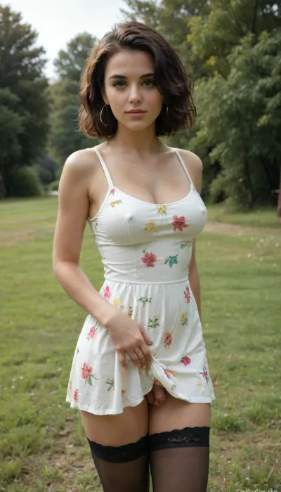 (((1950 pinup style))), painted style, outdoors, swinger dress, 1950s dress, 1950’s dress, pantyless, painted, watercolour, (brunette hair), black stockings and garter, american transgender, curly messy Bob cut, gigantic boobs, very lush tits, 90E-cup tits, big breasts, Ad, Americana, Style, vintage, advertisement, retro, 1950's, windyupskirt, photography, (transgender), (futanari), small penis, <lora:windyupskirt_SDXL:.5>, <lora:1950s_Photography_XL_V1:.5>