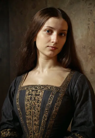 a high-quality vintage portrait photo of a Florentine renaissance woman in 1503, painted in the style of Leonardo da Vinci, with chiaroscuro lighting and oil painting texture, natural face, modest expression, realistic proportions, non-sexualized, historically accurate clothing
