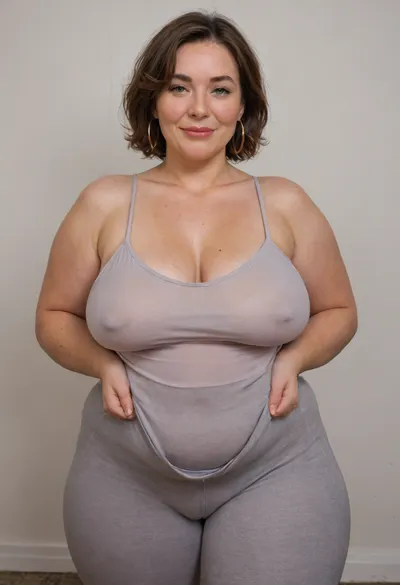 Mature, gilf, 80 years old, (oversized ssbbw:1.3), ., (Oversized thick thighs and oversized wide hips:1), . Oversized wide thin camisole. Natural brown hair, thick. Freckles on face. Long eyelash. Full lips, lipstick. Tight highwaist yoga pants. Hoop earrings. Seductive posing. Seductive smile. Fupa. Light green eyes, sagging, drooping, cameltoe, plump