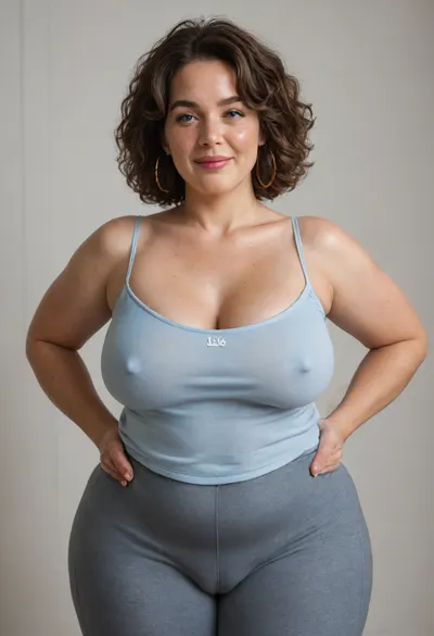 Mature, gilf, 80 years old, (oversized ssbbw:1.3), ., (Oversized thick thighs and oversized wide hips:1), . Oversized wide thin camisole. Natural brown hair, thick. Freckles on face. Long eyelash. Full lips, lipstick. Tight highwaist yoga pants. Hoop earrings. Seductive posing. Seductive smile. Fupa. Light blue eyes, sagging, drooping, puffy cameltoe, plump