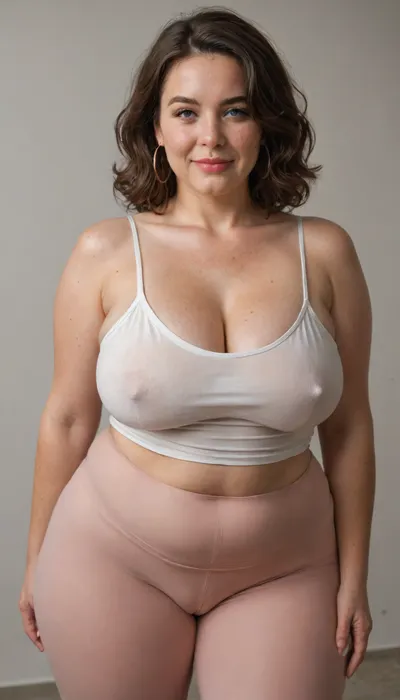 Mature, gilf, 80 years old, (oversized ssbbw:1.3), ., (Oversized thick thighs and oversized wide hips:1), . Oversized wide thin camisole. Natural brown hair, thick. Freckles on face. Long eyelash. Full lips, lipstick. Tight highwaist yoga pants. Hoop earrings. Seductive posing. Seductive smile. Fupa. Light blue eyes, sagging, drooping, puffy cameltoe, plump