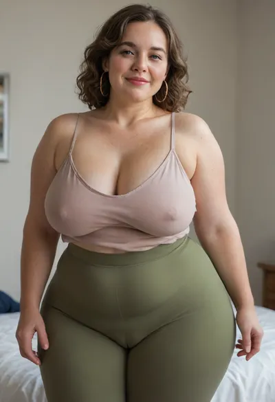 Mature, gilf, 80 years old, (oversized ssbbw:1.3), ., (Oversized thick thighs and oversized wide hips:1), . Oversized wide thin camisole. Natural brown hair, thick. Freckles on face. Long eyelash. Full lips, lipstick. Tight highwaist yoga pants. Hoop earrings. Seductive posing. Seductive smile. Fupa. Light green eyes, sagging, drooping, bulging cameltoe, puffy, plump