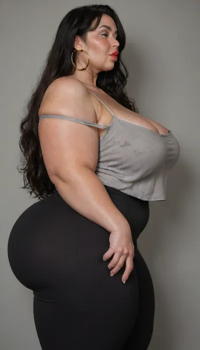 View from side, Mature, gilf, 80 years old, (oversized ssbbw:1.5), ., (Oversized thick thighs and oversized wide hips:1), . Oversized wide thin camisole. Long hair, Natural black hair, thick. Freckles on face. Long eyelash. Full lips, lipstick. Tight highwaist yoga pants. Hoop earrings. Seductive posing. Seductive smile. Fupa. Light green eyes, sagging, drooping, bulging cameltoe, puffy, plump, bottomheavy, big, ass, huge, gigantic, thick, thighs, massive, <lora:bottomheavy_v1_sdxl_tags:.8>, pantylines, vpl, pantyline