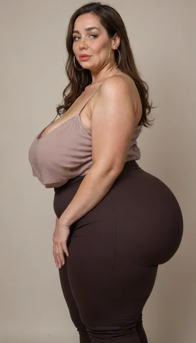 side view, Mature, gilf, 80 years old, (oversized ssbbw:1.3), ., (Oversized thick thighs and oversized wide hips:1), . Oversized wide thin camisole. Natural brown hair, thick. Freckles on face. Long eyelash. Full lips, lipstick. Tight highwaist yoga pants. Hoop earrings. Seductive posing. Seductive smile. Fupa. Light green eyes, sagging, drooping, bulging cameltoe, puffy, plump, bottomheavy, big, ass, huge, gigantic, thick, thighs, massive, <lora:bottomheavy_v1_sdxl_tags:.5>