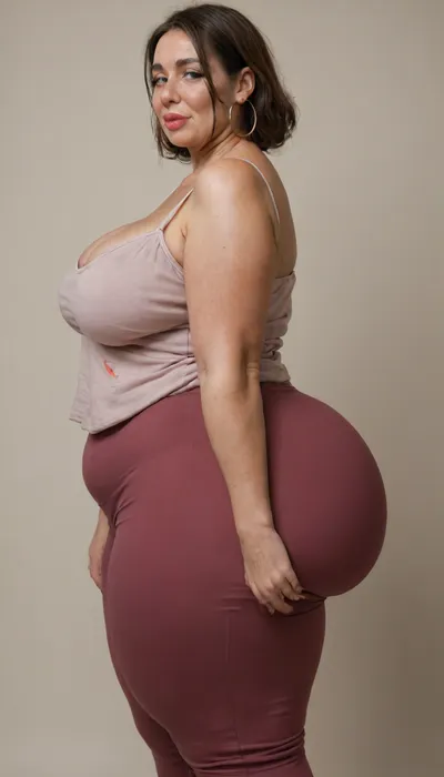 side view, Mature, gilf, 80 years old, (oversized ssbbw:1.3), ., (Oversized thick thighs and oversized wide hips:1), . Oversized wide thin camisole. Natural brown hair, thick. Freckles on face. Long eyelash. Full lips, lipstick. Tight highwaist yoga pants. Hoop earrings. Seductive posing. Seductive smile. Fupa. Light eyes, sagging, drooping, bulging cameltoe, puffy, plump, bottomheavy, big, ass, huge, gigantic, thick, thighs, massive, <lora:bottomheavy_v1_sdxl_tags:.1>