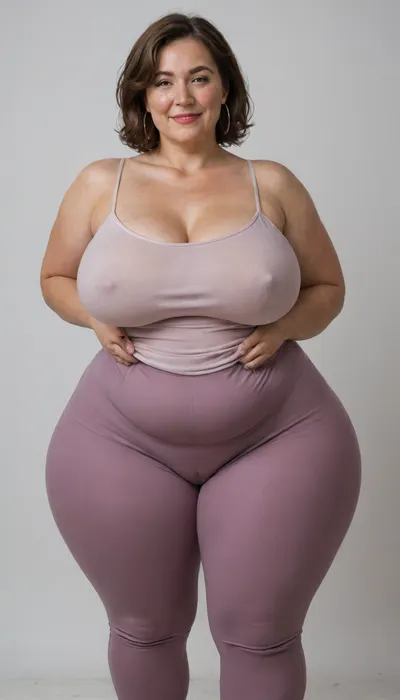 Mature, gilf, 80 years old, (oversized ssbbw:1.3), ., (Oversized thick thighs and oversized wide hips:1.2), . Oversized wide thin camisole. Natural brown hair, thick. Freckles on face. Long eyelash. Full lips, lipstick. Tight highwaist yoga pants. Hoop earrings. Seductive posing. Seductive smile. Fupa. Light eyes, sagging, drooping, bulging cameltoe, puffy, plump, bottomheavy, big, ass, huge, gigantic, thick, thighs, massive, <lora:bottomheavy_v1_sdxl_tags:.8>