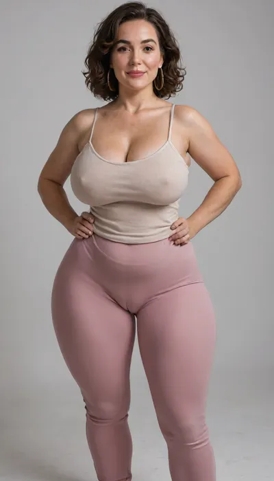Mature, gilf, 80 years old, (oversized ssbbw:1), ., (Oversized thick thighs and oversized wide hips:1.2), . Oversized wide thin camisole. Natural brown hair, thick. Freckles on face. Long eyelash. Full lips, lipstick. Tight highwaist yoga pants. Hoop earrings. Seductive posing. Seductive smile. Fupa. Light eyes, sagging, drooping, bulging cameltoe, puffy, plump, bottomheavy, big, ass, huge, gigantic, thick, thighs, massive, <lora:bottomheavy_v1_sdxl_tags:.8>, <lora:Older_woman_v4-000002:.8>