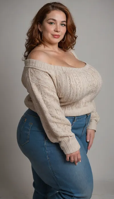 Mature, gilf, 60 years old, (oversized ssbbw:1.5), ., (Oversized thick thighs and oversized wide hips:1), . Oversized wide sweater. Natural auburn hair, thick. Freckles on face. Long eyelash. Busty lips, lipstick. Tight highwaist jeans. Big earrings. Seductive posing. Seductive smile. Fupa. Green eyes