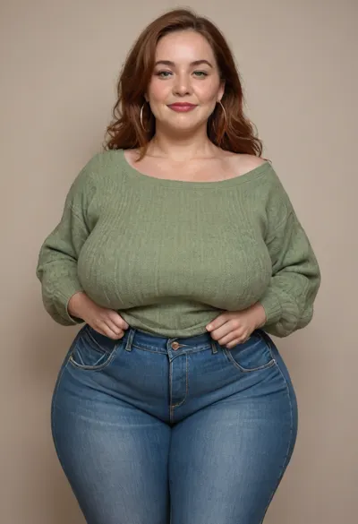 Mature, gilf, 60 years old, (oversized ssbbw:1.3), ., (Oversized thick thighs and oversized wide hips:1), . Oversized wide sweater. Natural auburn hair, thick. Freckles on face. Long eyelash. Full lips, lipstick. Tight highwaist jeans. Hoop earrings. Seductive posing. Seductive smile. Fupa. Green eyes