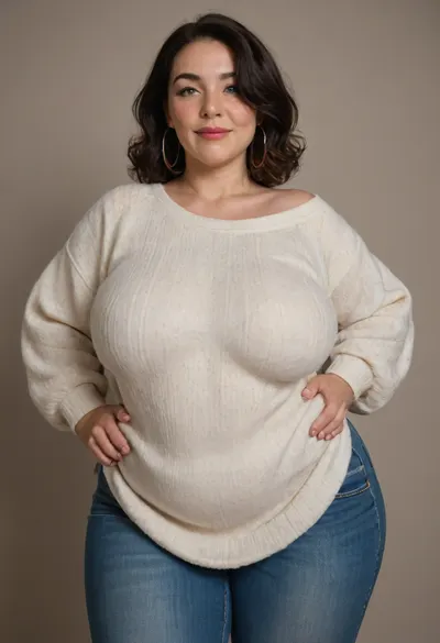 Mature, gilf, 80 years old, (oversized ssbbw:1.4), ., (Oversized thick thighs and oversized wide hips:1), . Oversized wide thin sweater. Natural black hair, thick. Freckles on face. Long eyelash. Full lips, lipstick. Tight highwaist jeans. Hoop earrings. Seductive posing. Seductive smile. Fupa. Green eyes, sagging, drooping