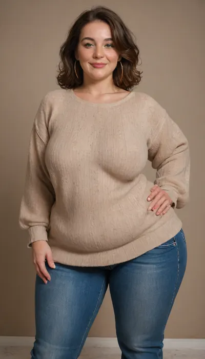 Mature, gilf, 80 years old, (oversized ssbbw:1.4), ., (Oversized thick thighs and oversized wide hips:1), . Oversized wide thin sweater. Natural brown hair, thick. Freckles on face. Long eyelash. Full lips, lipstick. Tight highwaist jeans. Hoop earrings. Seductive posing. Seductive smile. Fupa. Green eyes, sagging, drooping