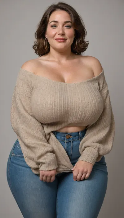 Mature, gilf, 80 years old, (oversized ssbbw:1.4), ., (Oversized thick thighs and oversized wide hips:1.2), . Oversized wide thin sweater. Natural brown hair, thick. Freckles on face. Long eyelash. Full lips, lipstick. Tight highwaist jeans. Hoop earrings. Seductive posing. Seductive smile. Fupa. Green eyes, sagging, drooping