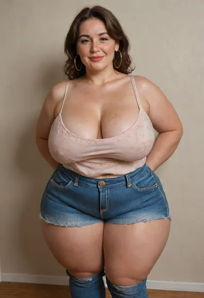 Mature, gilf, 80 years old, (oversized ssbbw:1.2), ., (Oversized thick thighs and oversized wide hips:1), . Oversized wide thin camisole. Natural brown hair, thick. Freckles on face. Long eyelash. Full lips, lipstick. Tight highwaist jeans. Hoop earrings. Seductive posing. Seductive smile. Fupa. Green eyes, sagging, drooping