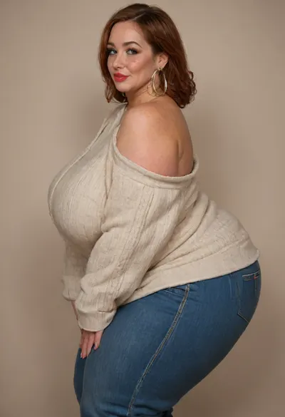 Side view, Mature, 80 years old, (oversized ssbbw:1.3), ., (Oversized thick thighs and oversized wide hips:1), . Oversized wide sleeveless sweater. Natural auburn hair, thick. Freckles on face. Long eyelash. Plump lips, lipstick. Tight jeans. Big earrings. Seductive posing, bent over to the camera. Seductive smile. Hanging breasts, wrinkles, jewelry, long, hair, short, smiling, downblouse, nipslip, <lora:RealDownblouseXL2:1>