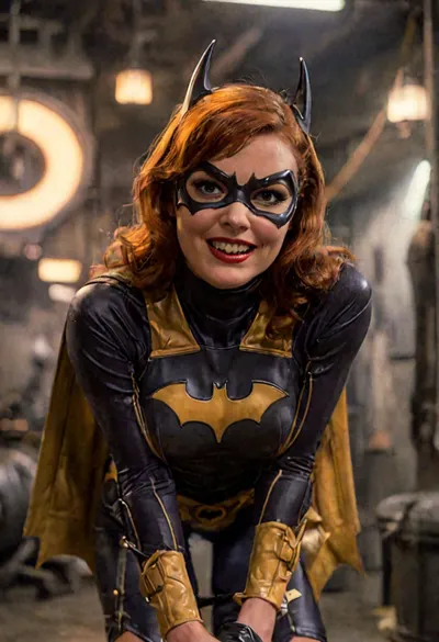 best quality, masterpiece, Batgirl caught bending over and undressing in the Batcave with a flirtatious smile at the viewer, lowcut uniform, p cleavage, sexy, gil, elvgren, braless, Wearing, clothes, that, make, sense, with, Braless>, <lora:ge-xl:.6>, <lora:bralessSDXL_v1_00022:1>, <lora:style_lora_realis:1>