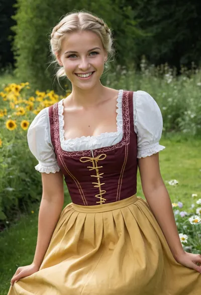 (high quality photographie), (detailed eyes), (detailed skin), (ultra sharp), one only slender 23yo female woman, very small waist, long blonde pinned-up hair, flat-chested, no makeup, posiing in traditional austrian dirndl dress barfeet in the garden, laughing smile, full body view