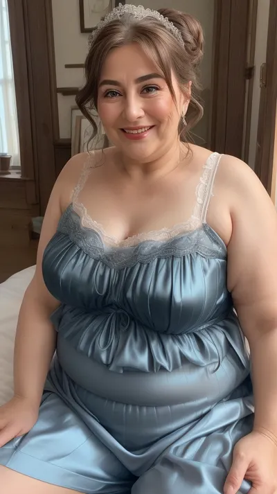 high-quality, realistic, and intricately detailed portrait of a Armenian, fat, bbw, mature gilf in her 60s, depicted in an intimate setting while sitting in a bed. She is looking directly into the camera with an undeniably joyful and open expression. Her hair is a sophisticated blend of rich chestnut brown generously interspersed with distinct streaks of silvery-gray. It's styled softly, framing her face in a way that suggests natural growth rather than rigid styling, beautifully highlighting her age with elegance and grace. Her most captivating feature might be her eyes, which are a striking and vivid blue-green. They sparkle with an authentic warmth and vitality, deeply engaging the viewer and conveying a profound sense of life experience and genuine happiness.
The centerpiece of her face is her wide, open-mouthed smile. This smile is expansive, revealing a full and healthy set of teeth, and accentuating her naturally full, well-defined lips. The very act of her smiling creates visible, soft crinkles at the corners of her eyes and subtly around her mouth, which are not indicative of distress but rather of a life filled with laughter and joy. Her skin, while exhibiting the natural textures and very fine lines associated with aging, appears remarkably healthy, luminous, and soft, indicating good care. There's a noticeable fullness to her cheeks and jawline, contributing to her "chubby" or "fat" build, which adds to her approachable and comfortable appearance.
She is in a low-cut, shimmering silk camisole, which appears to be a light, possibly ivory or pale pastel, color. The fabric itself is highly detailed, showing the soft sheen and elegant drape characteristic of silk. This garment boldly showcases her ample and visibly saggy breasts, which are a prominent feature of her upper body. The natural effect of gravity on mature, large breasts is clearly depicted, contributing to the realism and celebration of her body's natural state. The camisole gracefully conforms to her fuller, more rounded torso and shoulders, emphasizing her fat physique in a comfortable and unposed manner.
The intimate setting places her sitting upright in a bed. The bed linens are simple, appearing to be soft white or a very light, neutral color, which provides a clean and uncluttered backdrop that highlights her vibrant presence. The lighting is exquisitely soft, natural, and diffused, likely originating from a large window or a similar soft light source. This illumination gently wraps around her, accentuating the contours of her face and body without creating harsh shadows, and imparting a warm, inviting glow to her skin and the silk fabric. The background is subtly blurred, maintaining a shallow depth of field that ensures the viewer's entire focus remains intently on the woman and her expressive features. The overall impression is one of profound comfort, genuine happiness, and confident self-acceptance., <lora:age_slider_v20:.8>, mature, female, <lora:plump-lite:.8>