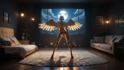(android, female, robot, angel wings, golden light), (from behind, full body, petite, standing), (oiled, masturbation), (dark room, living room, luxurious bed, large windows, fluffy carpet), (night, moon, mountains, clouds)