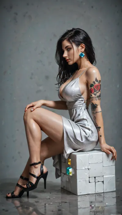Perfect body, Nordic face, Russian, 25 years old girl, (((straight dark hair))), ((sitting in studio on white cube)), one leg bent on cube, (sexy pose), (asimetrical pose:1), (wearing long silver dress), black high heel sandals, narrow waist, (tattooed thighs), big breasts, perfect hands, perfect face, (((side view, looking on side)))