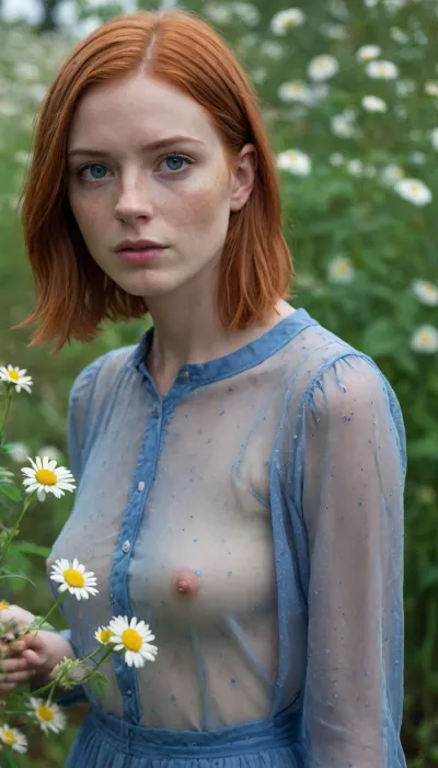 1girl, average height, irish, bob cut red hair, 18 years old, thin, slim, solo, sultry, full body, blue eyes, perfect eyes, realistic, freckles, flower, see thru tight blouse, small hard nipples thru fabric, wet fabric