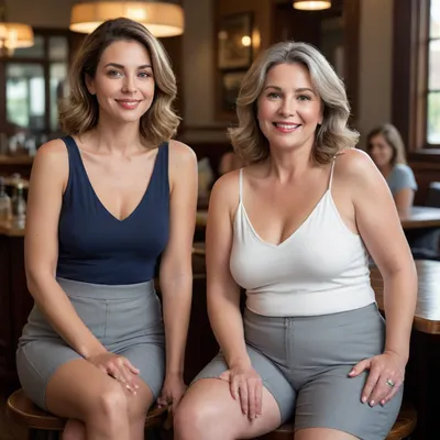 This image features two fat mature women, likely in their 50s or 60s, seated against a blurred background that suggests an indoor setting, possibly a restaurant or bar given the soft lighting. Both women exude confidence and are subtly engaging with the viewer, creating a sense of playful allure.
The woman on the left has warm, dark blonde hair, styled in soft waves that frame her face and fall gracefully over her shoulders. Her complexion is smooth, with subtle signs of maturity that add character. Her facial expression is relaxed, with a slight, inviting smile playing on her lips, and her eyes seem to hold a knowing gaze. She has a well-maintained, slender figure. She is wearing a form-fitting tank top, which highlights her toned arms and shoulders, paired with high-waisted gray shorts that accentuate her natural waistline. The outfit suggests a comfortable yet stylish demeanor.
The woman on the right has shorter, dark brown hair, styled in a chic, voluminous cut that adds to her sophisticated appearance. Her face shows similar signs of elegant aging, with a serene expression and a gentle, welcoming smile. Her eyes are direct and engaging, conveying a sense of warmth and understated flirtation. She has a graceful and slender build. She is dressed in a loose, white cotton, low-cut V-neck spaghetti strap tank top. The fabric drapes softly, emphasizing her collarbones and creating a relaxed yet alluring look.
Both women share a poised and approachable demeanor, their expressions and postures hinting at a subtle, inviting flirtation without being overt. Their clothing choices, while casual, are flattering and contribute to their mature yet vibrant appeal. The blurred background ensures that the focus remains entirely on them, enhancing their presence and the intimate feel of the portrait.