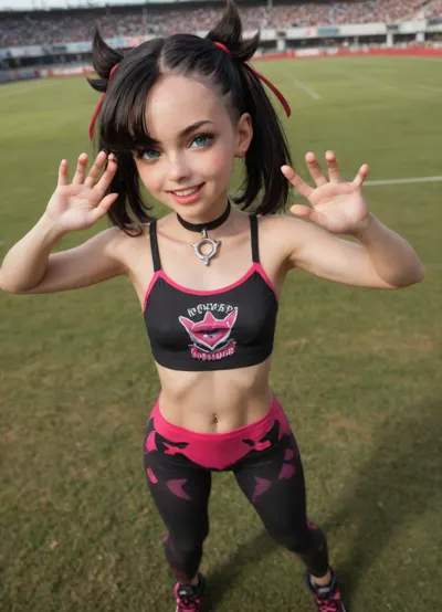 UHD, HDR, 4K, (Marnie from pokemon, marnie cosplay), open stadium, lightshow background, very small slim body, very petite, (young adult:1.6), very wide thigh gap, (tight spandex pants, pink and black colour), (very tight spandex crop top, pink and black colour), (short black hair, low twintails), pink hair ribbon, (big green disney eyes, detailed large green eyes), detailed choker, tight toned stomach, naval piercing, black sneakers, full body, very excited happy pose, high angle, marnie_\, (pokemon\), <lora:marnie_(pokemon):.8>