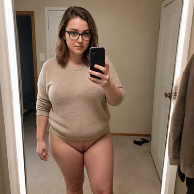 A chubby, 30 year old nerdy looking woman taking a mirror selfie with no makeup, sweaty, messy brown hair, acne, glasses, big nose, wearing a sweater. Full body photo, Bad lighting, bad angle, gross, saggy, unflattering, greasy, natural, ass, ass cheeks, thighs, bottomless iphone, mirror, selfie, holding, <lora:phone_v01:1>