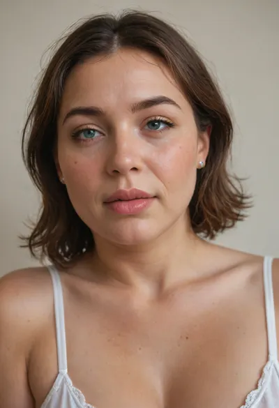 Lubica, 1gilf, Armenian, brunette hair with layered highlights, 60 years old, chubby face, fat, obese, ssbbw, plump, thick, saggy, solo, light green eyes, perfect eyes, realistic, olive skin tone, wrinkles, lick her lips by her tongue, plump lips, pokies, fupa