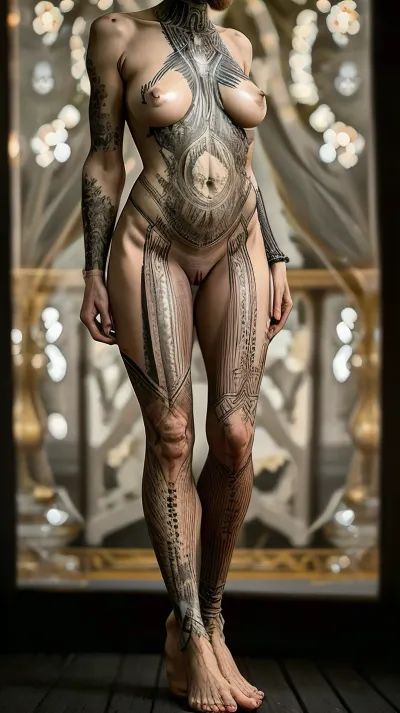 RAW full body analogue photo of a beautiful naked german 46 years old woman, clear focus, 8K, very slim and tall, long slim neck, cinematic, (depth of field, blurry background), (bold large-scale graphic blackwork tattoo lower arm:.5), (bold large-scale graphic blackwork tattoo lower leg:.5), (bold large-scale graphic blackwork tattoo feet:.5), lascivious ultraslim naked 46 years old woman, slim tall, pointy big perky tits, Barefoot, waist-chain, stacked anklets, DARBODMODTAT, <lora:DarBodModTat_V1.0.Lora:.5>