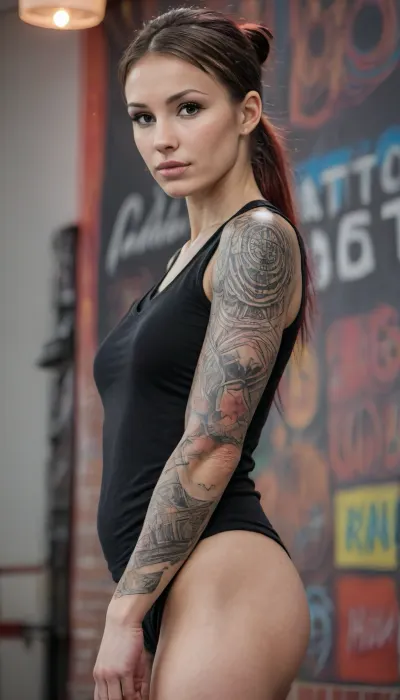 RAW full body analogue photo of a beautiful naked german 46 years old woman, clear focus, 8K, very slim and tall, long slim neck, (dynamic angle:1), cinematic, (film grain, depth of field, blurry background, colorful:1), volumetric lighting, (bold large-scale graphic blackwork tattoo lower arm:2), (bold large-scale graphic blackwork tattoo lower leg:2), (bold large-scale graphic blackwork tattoo feet:2), the most exotic lascivious ultraslim naked 46 years old woman with a face of Unconventional beauty, mixed north-european-russian race, high forehead, slim tall elegant mohawk androgynous, pointy big perky tits, (artifical tan glowing skin), Barefoot, waist-chain, stacked anklets, casual pose, everyday public background, 4ng3l, face, uberfit, muscular, athletic, <lora:breasts_slider_v10:2>, <lora:SDXL_BetterFaces-LoRA_v1:1>, <lora:uberfit_lora_sdxl:.1>