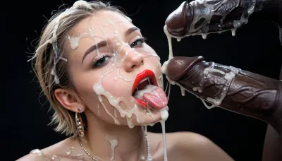 (Macro photo), (ultra large black penis), (interracial), (extreme close up:1.2), front view, Photorealistic, high resolution, professional photography, close-up of lips, zoom in on lips, red lipstick, short smooth blonde bobcut hair, topless, cum dripping from chin, tongue sticking out, black background., (Cum details), realistic cum, Prominent cum, (white cum:1.7), cum on, (Cum flows:1.2), (cum on body:1.3), cum on head, (cum on face:1.3), bukkake, ((body covered with semen)), cum, face, Face covered in cum, (A lot of cum:1.5), <lora:JustCum:.9>, <lora:cum_in_eye_deepmind:.9>