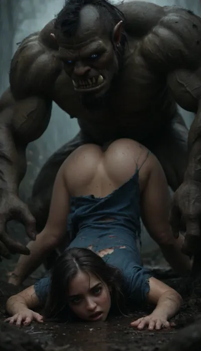 Highly realistic, sharp focus, her eyes rolled back, (side view angle, face down ass up), screaming in pain, (laying flat face down ass up in sinking sticky tar pit), orc salivating onto her face, ((cute princess)), orcs pull her hair and head back by her hair, huge barbed cock in her pussy, ((aroused face)), wearing diaphanous dress, torn dress, 18 years old, perfect skin, long black hair, (blue eyes), ((((perkynatural boobs)))), large hips, (a giant monster stand next to her:1.3), vivid color, gate of an orc village in mud with dark rain sky, bright, blue, eyes, diaphanous, dress, orc, group, of, <lora:bright_blue_eyes:.6>, <lora:xl_diaphanous_dress-1.0:.7>, <lora:580159_training_data:.9>, <lora:EdobOrc_XL_v1.0:1.6>, <lora:dark:.4>