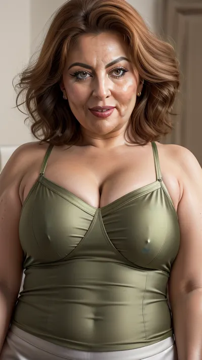 Armenian, (Close-up:1.3), portrait photo a mature obese woman, gilf, saggy, fat round face, double chin, fat, 60 years old Woman, green eyes, auburn layered haircut, strong jawline, seductive smile, lips parted, teeth showing, (mouth open), looking at viewer, (solid blank blurred background:1.3), eye level shoot, film grain, style by Flora Borsi, OverallDetail, v-neck spaghetti strap satin camisole, with, (pokies), fupa, cameltoe, <lora:cameltoe_V2.1:.3>