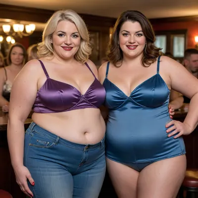 two fat gilfs, high waist jeans, spaghetti strap satin camisole, facing viewer, looking at viewer, eye contact, flirting, smiling, party, bar background, fupa, chubby, wide hips, big hips, hard nipples