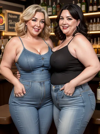 two fat gilfs, 60 years old, high waist jeans, spaghetti strap camisole, facing viewer, looking at viewer, eye contact, flirting, smiling, party, bar background, fupa, chubby, wide hips, big hips