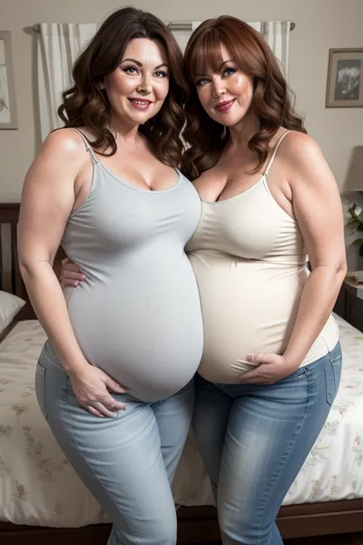two fat gilfs, brunette, auburn, 60 years old, high waist jeans, white spaghetti strap camisole, facing front, looking at viewer, eye contact, flirting, smiling, bedroom background, fupa, chubby, wide hips, big hips, pregnant, preggo