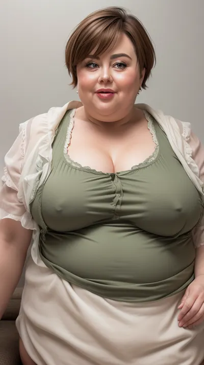 (Close-up:1.2), portrait photo a mature chubby gilf, fat bosom, fat round face, double chin, 60 years old Woman, big eyes, green eyes, brown pixie haircut, long hair, chubby jawline, pokies, seductive smile, lips parted, (mouth open:1.3), teeth showing, big lips, looking at viewer, (solid blank background:1.3), eye level shoot, film grain, style by Flora Borsi, OverallDetail, downblouse, loose, camisole, leaning, forward, fupa, <lora:downblouse-v1:.9>, <lora:weight_slider_v2:1.5>
