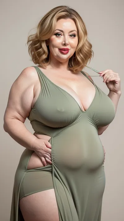 gilf, (Close-up:1.2), portrait photo a mature chubby gilf, fat bosom, fat round face, double chin, 70 years old Woman, big eyes, green eyes, auburn layered haircut, chubby jawline, pokies, seductive smile, lips parted, (mouth open:1.3), teeth showing, big lips, looking at viewer, (solid blank background:1.3), eye level shoot, film grain, style by Flora Borsi, OverallDetail, spaghetti strap maxi dress, fupa, cameltoe, (areola slip), wide, hips, <lora:hips-10:.5>