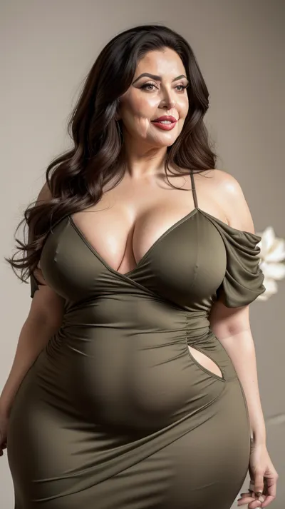 Side view, Armenian, Obese, gilf, (Close-up:1.2), portrait photo a mature chubby gilf, fat bosom, fat round face, double chin, 70 years old Woman, big eyes, green eyes, auburn layered haircut, chubby jawline, pokies, seductive smile, lips parted, (mouth open:1.3), teeth showing, big lips, looking at viewer, (solid blank background:1.3), eye level shoot, film grain, style by Flora Borsi, OverallDetail, black spaghetti strap maxi dress, fupa, cameltoe, (areola slip), wide, hips, <lora:hips-10:.5>, big ass