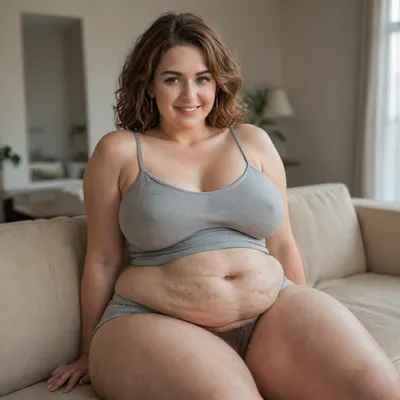 fat milf, obese, 75 years old, auburn hair, heather gray high waist shorts, heather grey spaghetti strap leotard, facing viewer, looking at viewer, green eyes, eye contact, flirting, smiling, living room background, sitting on the couch, showing her plump pussy, fupa, chubby, wide hips, big hips, pregnant, preggo, (blurred background), (cellulite:1.3), (saggy), (excessive pubic hair)