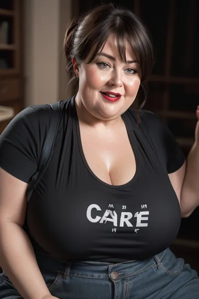 (Close-up:1.2), portrait photo a mature chubby woman, fat bosom, fat round face, double chin, 60 years old Woman, blue eyes, brown pixie haircut, ponytail, chubby jawline, pokies, seductive smile, lips parted, mouth open, teeth showing, big lips, looking at viewer, (solid dark background:1.3), eye level shoot, film grain, style by Flora Borsi, OverallDetail, downblouse, loose, t-shirt, leaning, forward, <lora:Lora_Srabonti2023-X4:.3>, <lora:downblouse-v1:.7>, <lora:weight_slider_v2:1.5>