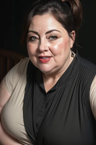 (Close-up:1.2), portrait photo a mature chubby woman, fat bosom, fat round face, double chin, 60 years old Woman, green eyes, brown pixie haircut, ponytail, chubby jawline, pokies, seductive smile, lips parted, mouth open, teeth showing, big lips, looking at viewer, (solid dark background:1.3), eye level shoot, film grain, style by Flora Borsi, OverallDetail, downblouse, loose, t-shirt, leaning, forward, <lora:Lora_Srabonti2023-X4:.3>, <lora:downblouse-v1:.7>, <lora:weight_slider_v2:1.5>