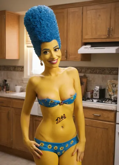 Text painted on woman's belly, really big letters "Doh!" text written with a black marker