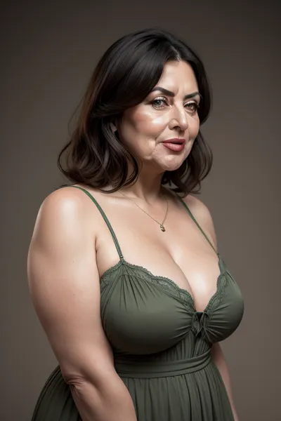 Armenian, gilf, (Close-up:1), portrait photo a mature chubby gilf, fat bosom, fat round face, double chin, 70 years old Woman, big eyes, green eyes, layered haircut, chubby jawline, pokies, seductive smile, lips parted, (mouth open:1.3), teeth showing, big lips, looking at viewer, (solid blank dark background:1.3), eye level shoot, film grain, style by Flora Borsi, OverallDetail, spaghetti strap maxi dress, fupa, cameltoe