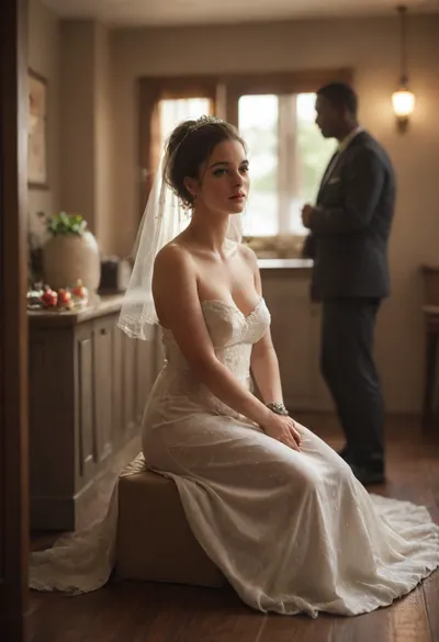 ((interracial)), large giant black penis. A giant black skin man in a grey suit stands near the bride., (((1 white skin cuckold loser man as husband sit in the corner of the room and watch the bride in bokeh:1.5))), "A curvy Iranian bride stands in a softly lit bridal suite, wearing a semi-sheer, delicately embroidered white robe that flows around her body, softly revealing her silhouette. Her long dark hair is loose over her shoulders, and a thin silk veil cascades down her back. The room glows with warm, golden afternoon light filtering through lace curtains, illuminating the textures of her skin and fabric. She stands calmly, her presence both sacred and sensual. Her robe slips slightly off one shoulder, revealing soft skin and the quiet confidence in her posture. Persian details surround her — intricate carpets, a low cushioned seat, rose petals scattered near her feet. The moment is serene yet charged with intimacy, portraying the bride not just as a symbol of purity, but of empowered feminine desire.", detailed, perfect, freckles, skin, texture, photorealistic, green, eyes, blue, brown, perfecteyes, <lora:Super_Eye_Detailer_By_Stable_Yogi_SDPD0:.8>, <lora:PerfectEyesXL:.8>, <lora:M05_Intensify:.8>