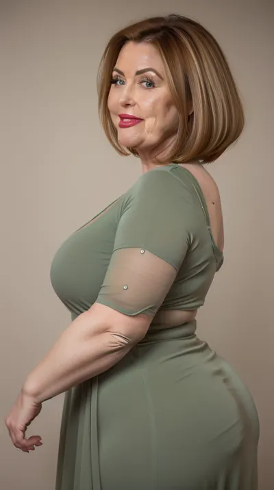 1/8 side view, chestnut hair, obese, gilf, (Close-up:1), portrait photo a mature chubby gilf, fat bosom, fat round face, double chin, 70 years old Woman, big eyes, green eyes, layered haircut, chubby jawline, pokies, seductive smile, lips parted, (mouth open:1.3), teeth showing, big lips, looking at viewer, (solid blank background:1.3), eye level shoot, film grain, style by Flora Borsi, OverallDetail, spaghetti strap maxi dress, fupa, cameltoe, (areola slip), wide, hips, tt_saggy, tt_flat, plump, fat, huge butt, <lora:hips-10:.6>, <lora:tt_saggy:.3>, <lora:plump_control_v1.0:1.1>