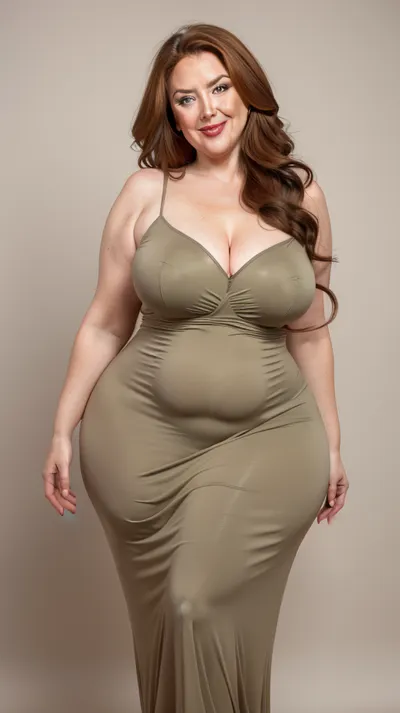 chestnut hair, obese, gilf, (Close-up:1), portrait photo a mature chubby gilf, fat bosom, fat round face, double chin, 70 years old Woman, big eyes, green eyes, layered haircut, chubby jawline, pokies, seductive smile, lips parted, (mouth open:1.3), teeth showing, big lips, looking at viewer, (solid blank background:1.3), eye level shoot, film grain, style by Flora Borsi, OverallDetail, spaghetti strap maxi dress, fupa, cameltoe, (areola slip), wide, hips, tt_saggy, tt_flat, plump, fat, huge butt, <lora:hips-10:.6>, <lora:tt_saggy:.3>, <lora:plump_control_v1.0:1.1>