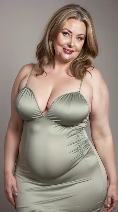 Brunette and gray hair, obese, gilf, (Close-up:1), portrait photo a mature chubby gilf, fat bosom, fat round face, double chin, 70 years old Woman, big eyes, green eyes, layered haircut, chubby jawline, pokies, seductive smile, lips parted, (mouth open:1.3), teeth showing, big lips, looking at viewer, (solid blank background:1.3), eye level shoot, film grain, style by Flora Borsi, OverallDetail, satin sleeveless spaghetti strap minidress, fupa, cameltoe, (areola slip), wide, hips, tt_saggy, tt_flat, plump, fat, saggy, sagging, droopy, <lora:hips-10:.4>, <lora:tt_saggy:.5>, <lora:plump_control_v1.0:1.3>