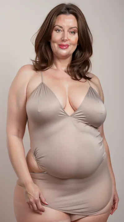 Brunette and gray hair, obese, gilf, (Close-up:1), portrait photo a mature chubby gilf, fat bosom, fat round face, double chin, 70 years old Woman, big eyes, green eyes, layered haircut, chubby jawline, pokies, seductive smile, lips parted, (mouth open:1.3), teeth showing, big lips, looking at viewer, (solid blank background:1.3), eye level shoot, film grain, style by Flora Borsi, OverallDetail, satin sleeveless spaghetti strap minidress, fupa, cameltoe, (areola slip), wide, hips, tt_saggy, tt_flat, plump, fat, saggy, sagging, droopy, <lora:hips-10:.6>, <lora:tt_saggy:.5>, <lora:plump_control_v1.0:1.6>